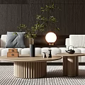 Modern Circular Wooden Coffee Table With White Sofa Green Plant And Dark Wall