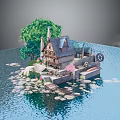 Cartoon Island Scene with Charming Wooden House Waterwheel Green Tree and Lily Pads on Lake