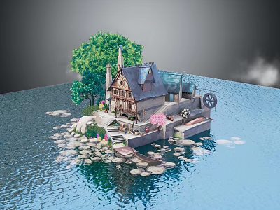 Cartoon Island Scene with Charming Wooden House Waterwheel Green Tree and Lily Pads on Lake 3d model