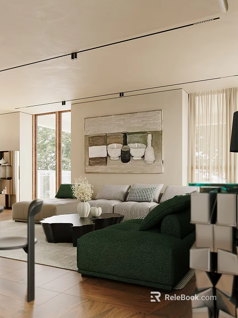 Modern Sofa Set In Living Room With Coffee Table And Wall Art 3d model 