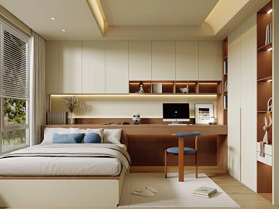 Modern Tatami Bedroom Interior With Tatami Bed Desk Computer Wooden Bookshelves And Window Blinds 3d model