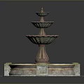 Ornate Multi Tiered Fountain With Red Gold Accents And Circular Stone Base