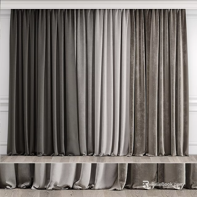 Modern Charcoal And Light Gray Velvet Curtains Draped In White Interior 3d model 