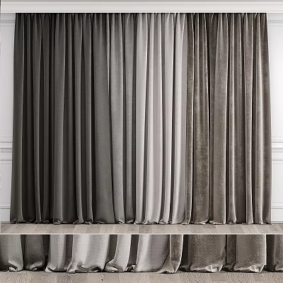 Modern Charcoal And Light Gray Velvet Curtains Draped In White Interior 3d model
