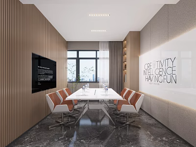 Modern Conference Room Interior Design With White Table Orange Chairs Large Screen And Windows 3d model