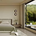 Modern Bedroom Interior Design With Green Bedspread Beige Walls Circular Decorations And Large Window