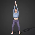 Woman Practicing Yoga Stretch With Raised Arms In Light Blue Top And Purple Leggings