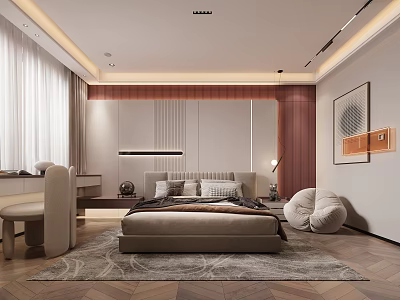 Modern Bedroom Interior With Large Bed Patterned Rug And Decorative Painting 3d model