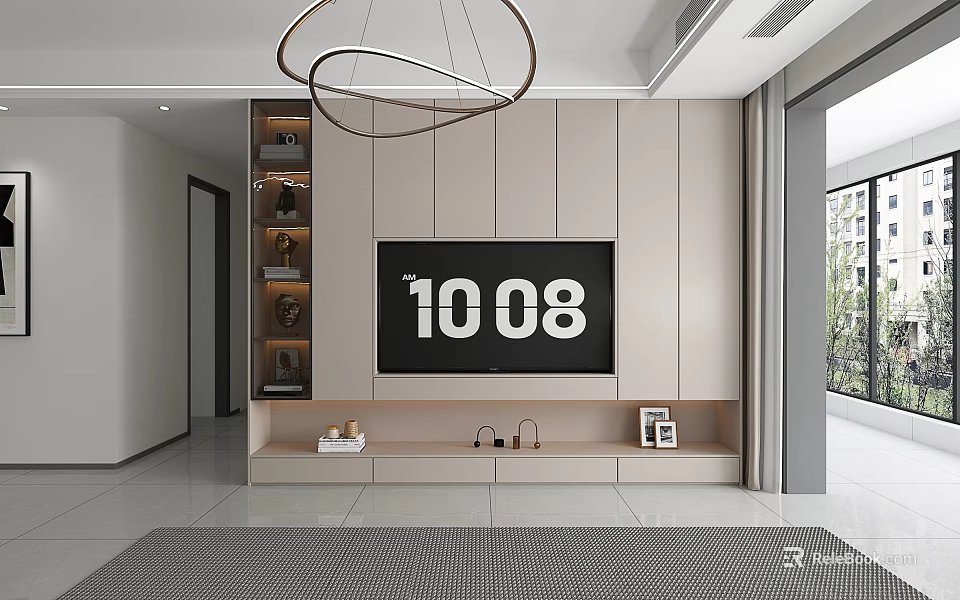 Modern TV Cabinet With TV Screen Storage Shelves And Circular Pendant Light In Living Room 3d model 