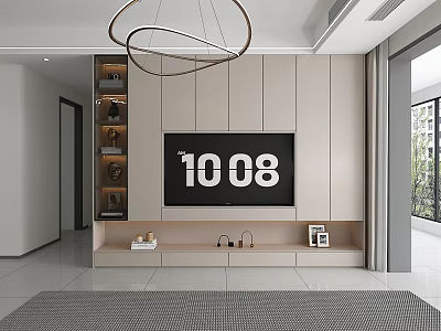 Modern TV Cabinet With TV Screen Storage Shelves And Circular Pendant Light In Living Room 3d model