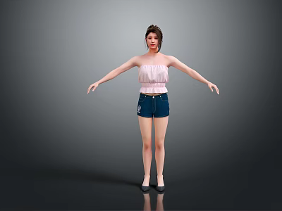 Game Movie Female Character with Pink Strapless Top Blue Denim Shorts Arms Outstretched Pose 3d model
