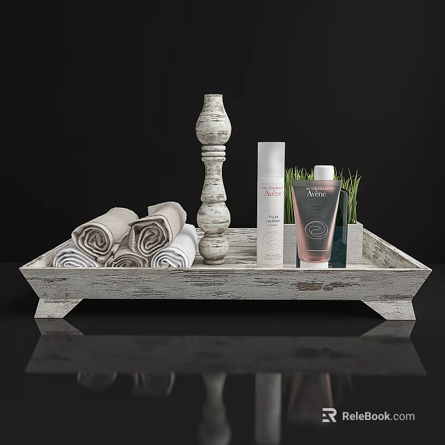 Bathroom Accessories With Wooden Tray Rolled Towels Decorative Pillar Skincare Products And Green Grass 3d model 