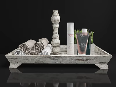 Bathroom Accessories With Wooden Tray Rolled Towels Decorative Pillar Skincare Products And Green Grass 3d model
