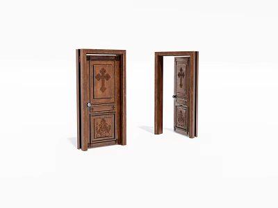 Wooden Swing Door With Carved Patterns In Open And Closed States 3d model