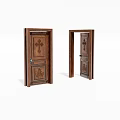 Wooden Swing Door With Carved Patterns In Open And Closed States