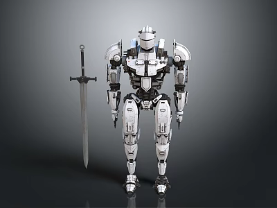 Silver Armored Robot Design Standing With Long Sword And Mechanical Parts 3d model