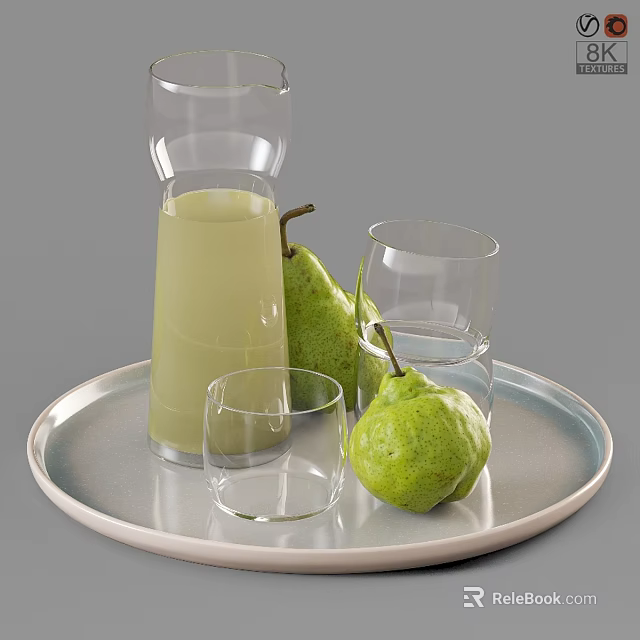 Yellow Juice and Green Pears on Silver Tray with Glass Pitcher and Glasses 3d model 