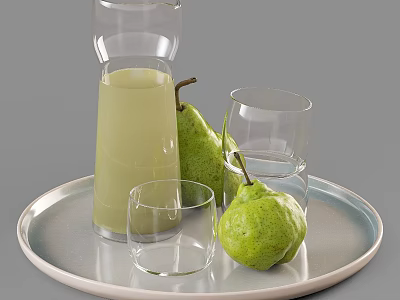 Yellow Juice and Green Pears on Silver Tray with Glass Pitcher and Glasses 3d model