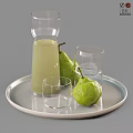 Yellow Juice and Green Pears on Silver Tray with Glass Pitcher and Glasses