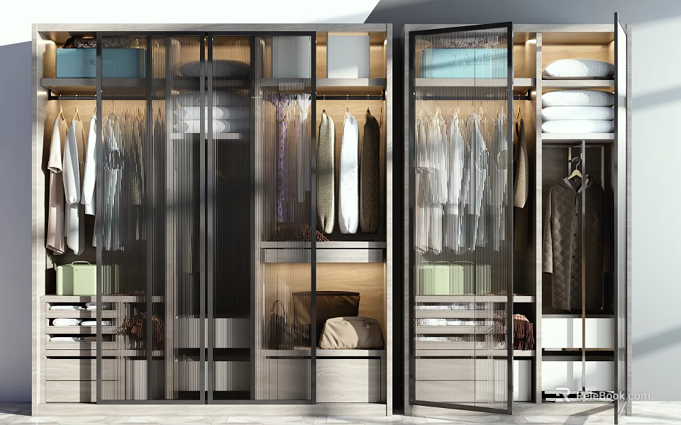 Modern Open Style Closet With Glass Doors Layered Storage Clothing Drawers And Shelves 3d model 