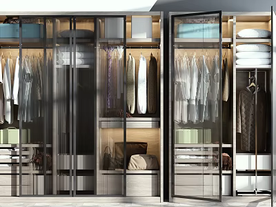 Modern Open Style Closet With Glass Doors Layered Storage Clothing Drawers And Shelves 3d model