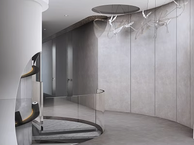 Modern Luxury Corridor Featuring Spiral Staircase Glass Railing Gray Walls And Minimalist Pendant Lights 3d model