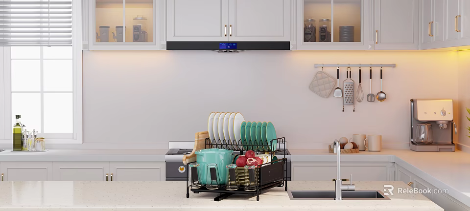 Modern Practical Kitchen Kitchenware Setup With Dish Rack Plates Cups And Hanging Utensils 3d model