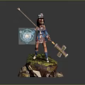 Red Haired Character With Blue White Outfit Holding Staff And Glowing Magic On Mossy Base