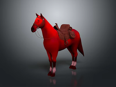 Detailed Red Horse Model With Brown Saddle Standing On Dark Background 3d model