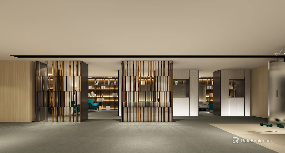Elegant Modern Reception Area With Wooden Slat Partitions Bookshelves And Green Chairs 3d model 