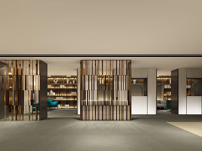 Elegant Modern Reception Area With Wooden Slat Partitions Bookshelves And Green Chairs 3d model