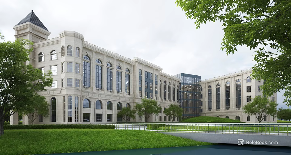 Classical Style Campus Building With Arched Windows Green Lawn And Modern Glass Section 3d model 