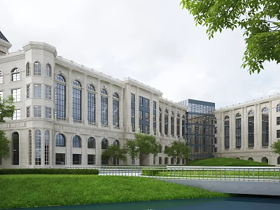 Classical Style Campus Building With Arched Windows Green Lawn And Modern Glass Section 3d model