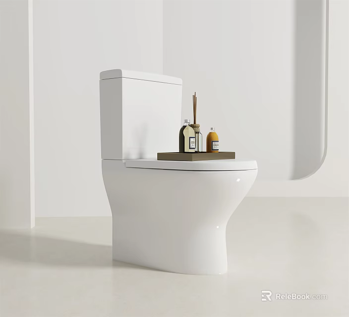 Modern White Toilet In Bathroom With Small Accessories On Top 3d model 