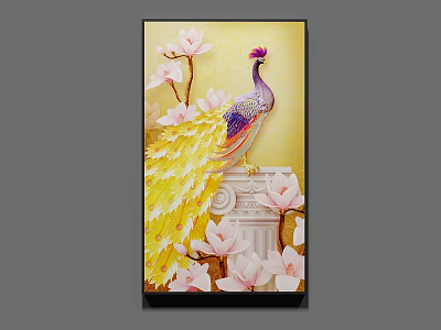Vibrant Peacock Animal Painting With Blossoming Magnolia Flowers And Classical Pedestal 3d model