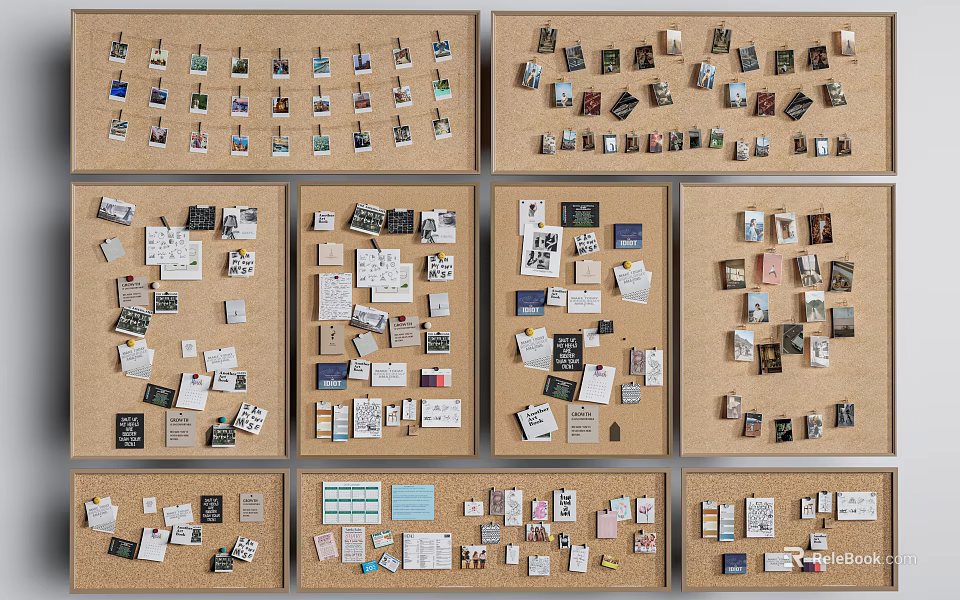 Corkboards Covered with Various Pinned Notes Cards and Tags 3d model 