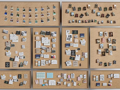 Corkboards Covered with Various Pinned Notes Cards and Tags 3d model