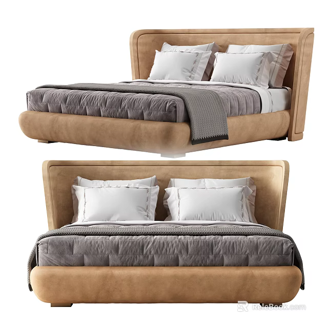 Modern Double Bed With Beige Headboard Gray Quilt And White Pillows 3d model