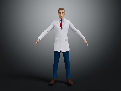 Male Doctor in White Coat Red Tie Blue Pants Brown Shoes Standing Against Gray Background 3d model