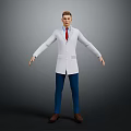 Male Doctor in White Coat Red Tie Blue Pants Brown Shoes Standing Against Gray Background
