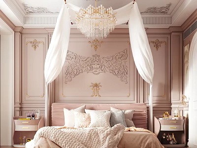 Luxurious French Kids Bedroom With Canopy Bed And Chandelier 3d model