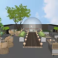 Rooftop Garden With Wooden Walkway Outdoor Wicker Furniture Green Plants And Sunset View