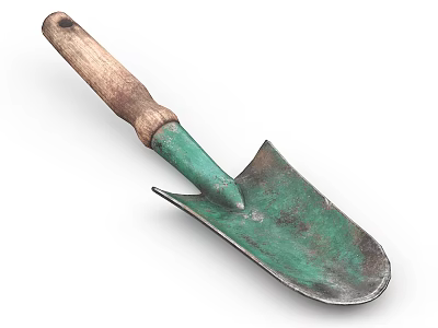 Vintage Garden Trowel With Wooden Handle And Green Metal Blade For Gardening Tools 3d model