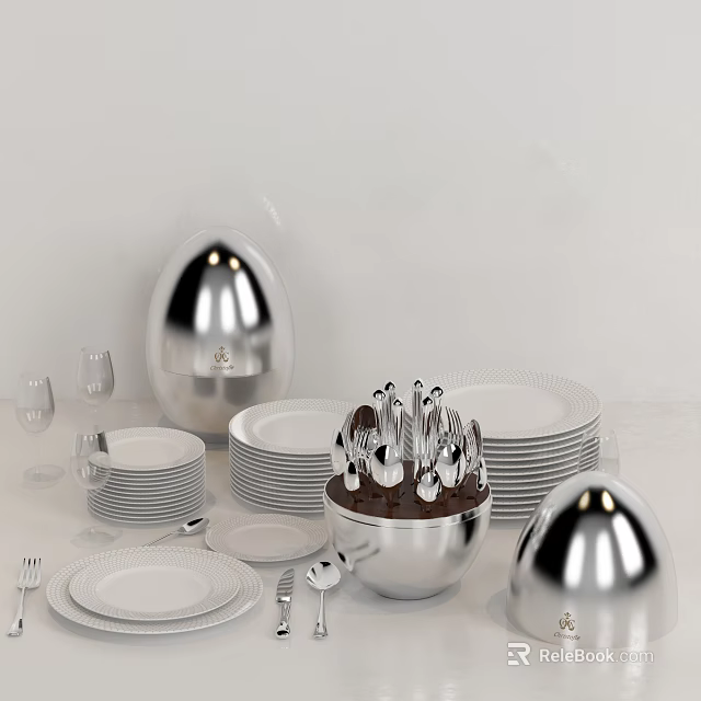 Modern Tableware Set with Stacked Plates Silver Storage Containers and Spoons 3d model