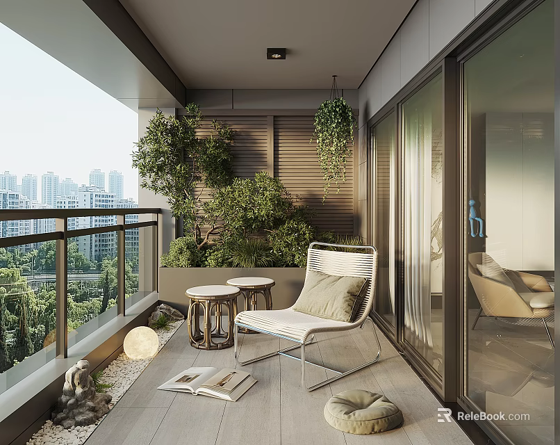 Home Balcony Interior Design With White Chair Small Tables Hanging Plants And City View 3d model 