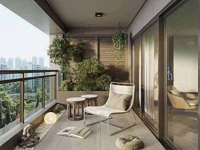 Home Balcony Interior Design With White Chair Small Tables Hanging Plants And City View 3d model
