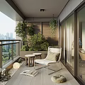Home Balcony Interior Design With White Chair Small Tables Hanging Plants And City View