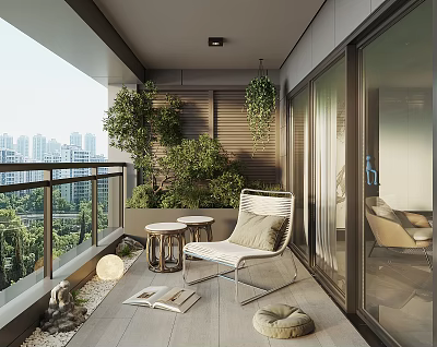 Home Balcony Interior Design With White Chair Small Tables Hanging Plants And City View 3d model
