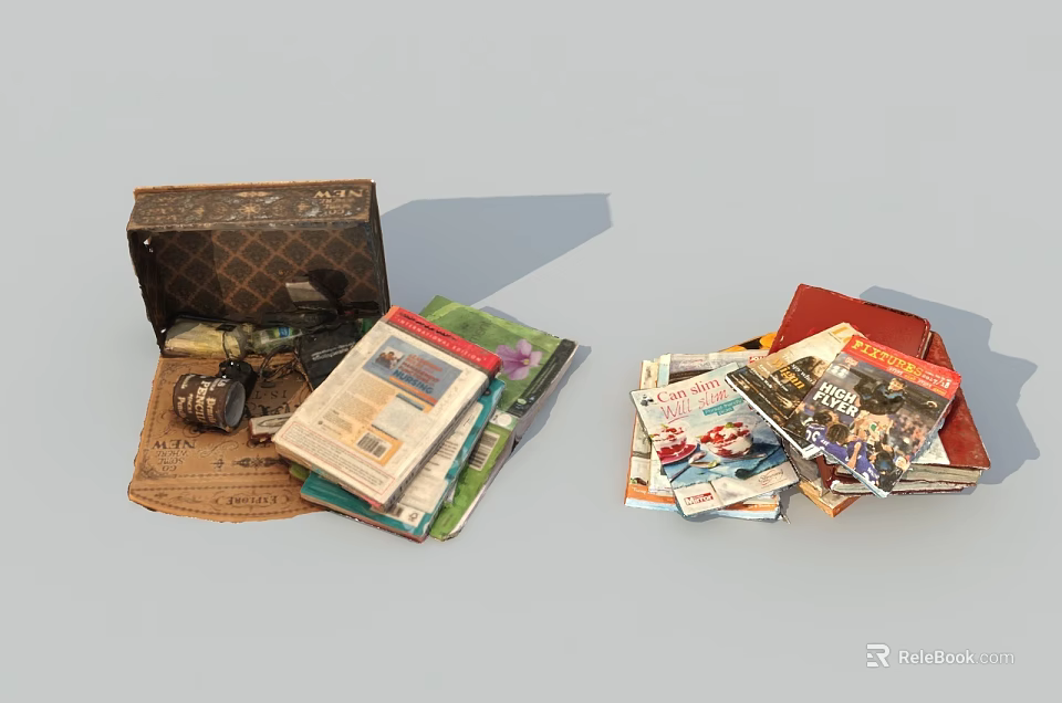 Vintage Open Storage Boxes Filled With Magazines Newspapers And Camera Items 3d model 