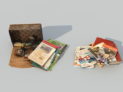 Vintage Open Storage Boxes Filled With Magazines Newspapers And Camera Items 3d model